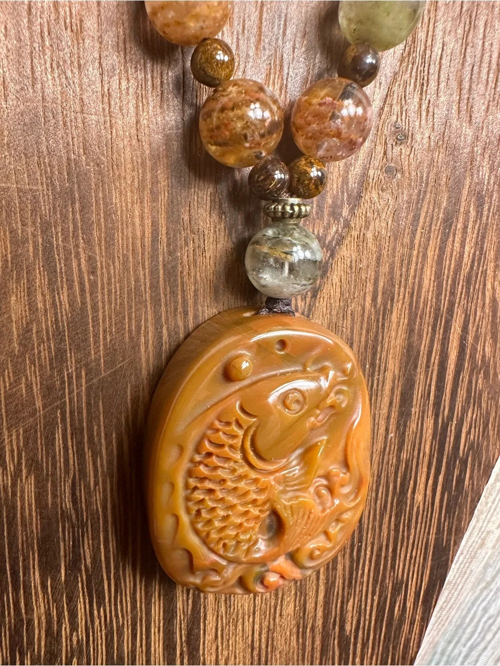 Natural Agate Fish Carving Pendant Necklace on Adjustable Brown Rope